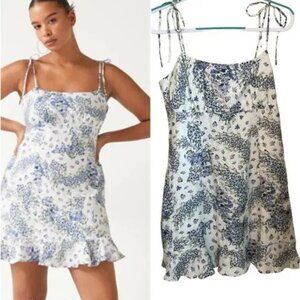 & Other Stories Linen Cream Purple Floral Flounce Hem Mini Dress Size 10